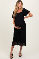 Black Lace Overlay Square Neck Maternity Midi Dress