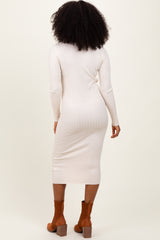 Beige Mock Neck Ribbed Sweater Dress