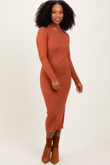 Rust Mock Neck Ribbed Maternity Sweater Dress