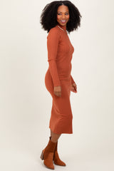 Rust Mock Neck Ribbed Sweater Dress