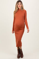 Rust Mock Neck Ribbed Maternity Sweater Dress