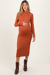 Rust Mock Neck Ribbed Maternity Sweater Dress