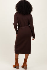 Brown Waffle Knit Sash Tie Midi Sweater Dress