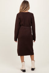 Brown Waffle Knit Sash Tie Maternity Midi Sweater Dress