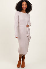 Taupe Waffle Knit Sash Tie Maternity Midi Sweater Dress