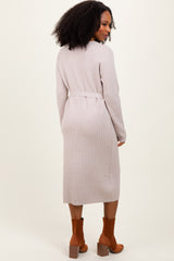 Taupe Waffle Knit Sash Tie Midi Sweater Dress