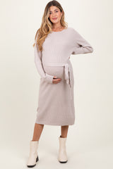 Taupe Waffle Knit Sash Tie Maternity Midi Sweater Dress