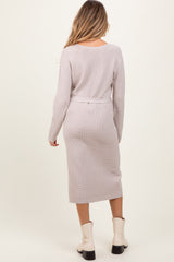 Taupe Waffle Knit Sash Tie Maternity Midi Sweater Dress