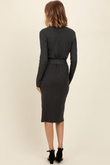 Charcoal Ribbed Sash Tie Midi Sweater Dress