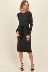 Charcoal Ribbed Sash Tie Maternity Midi Sweater Dress