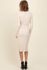 Cream Ribbed Sash Tie Midi Sweater Dress