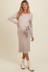 Beige Ribbed Sash Tie Maternity Midi Sweater Dress