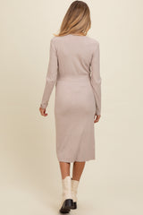 Beige Ribbed Sash Tie Maternity Midi Sweater Dress