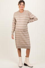 Beige Striped Maternity Midi Sweater Dress