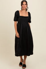 Black Satin Pleated Bodice Puff Sleeve Midi Dress