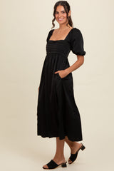 Black Satin Pleated Bodice Puff Sleeve Midi Dress