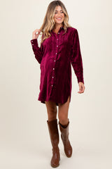 Burgundy Crinkled Velvet Button Down Maternity Shirt Dress