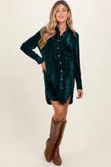 Forest Green Crinkled Velvet Button Down Maternity Shirt Dress