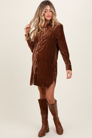 Brown Crinkled Velvet Button Down Maternity Shirt Dress