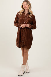 Brown Crinkled Velvet Button Down Shirt Dress