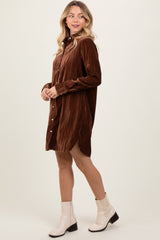 Brown Crinkled Velvet Button Down Shirt Dress