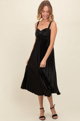 Black Satin Pleated Sweetheart Maternity Midi Dress