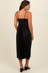 Black Satin Pleated Sweetheart Maternity Midi Dress