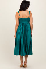 Teal Satin Pleated Sweetheart Midi Dress