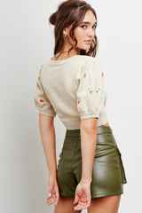 Beige Square Neck Floral Embroidered Sweater