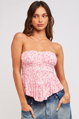 Pink Floral Smocked High-Low Ruffle Tube Top