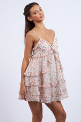 Pink Floral Pink Sleeveless Tiered Ruffle Mini Dress