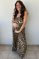 Brown Leopard Print Pleated Maternity Maxi Dress