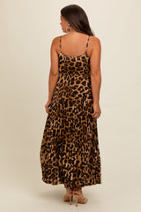 Brown Leopard Print Pleated Maternity Maxi Dress