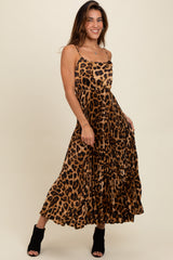 Brown Leopard Print Pleated Maternity Maxi Dress