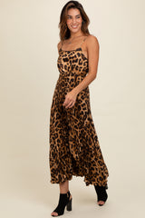 Brown Leopard Print Pleated Maxi Dress