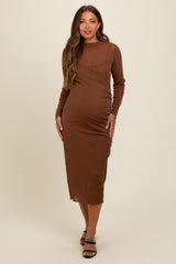 Brown Shimmer Mesh Long Sleeve Ruched Maternity Midi Dress