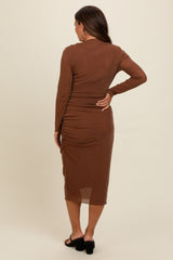 Brown Shimmer Mesh Long Sleeve Ruched Maternity Midi Dress