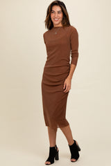 Brown Shimmer Mesh Long Sleeve Ruched Midi Dress