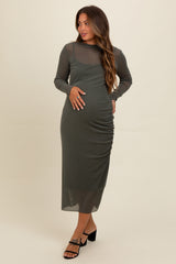 Olive Shimmer Mesh Long Sleeve Ruched Maternity Midi Dress