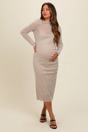 Beige Shimmer Mesh Long Sleeve Ruched Maternity Midi Dress