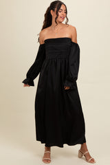 Black Off Shoulder Satin Pleated Bodice Maxi Dress