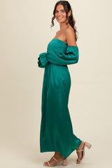 Emerald Green Off Shoulder Satin Pleated Bodice Maxi Dress