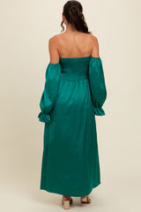 Emerald Green Off Shoulder Satin Pleated Bodice Maxi Dress