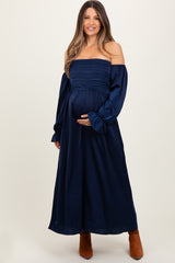 Navy Off Shoulder Satin Pleated Bodice Maternity Maxi Dress