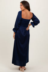 Navy Off Shoulder Satin Pleated Bodice Maternity Maxi Dress