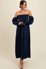 Navy Off Shoulder Satin Pleated Bodice Maxi Dress