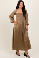 Olive Off Shoulder Satin Pleated Bodice Maxi Dress