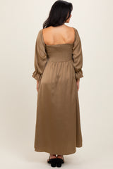 Olive Off Shoulder Satin Pleated Bodice Maxi Dress