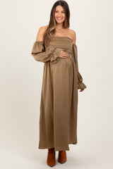 Olive Off Shoulder Satin Pleated Bodice Maternity Maxi Dress