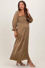 Olive Off Shoulder Satin Pleated Bodice Maternity Maxi Dress